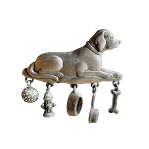 Dog pin brooch JJ pewter Charms Include bone brush ball food and Hydrant